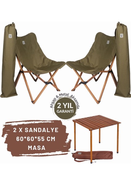 Ahşap Katlanır Masa ve Sandalye Seti, Haki Kılıf, 60X60X55 cm