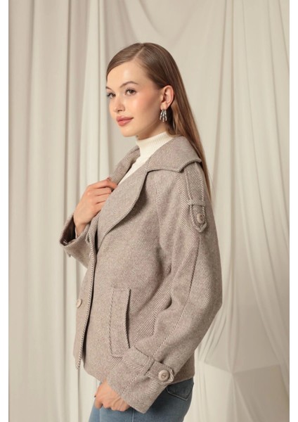 Kaşe Kumaş Balıksırtı Desen Kısa Kadın Vizon Kaban indirimleri