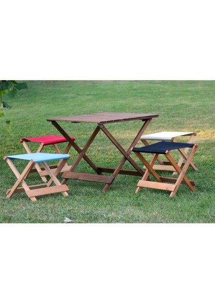Katlanabilir Ceviz Rengi Masa ve Tabure Seti, Kamp ve Piknik Için Şık Tasarım