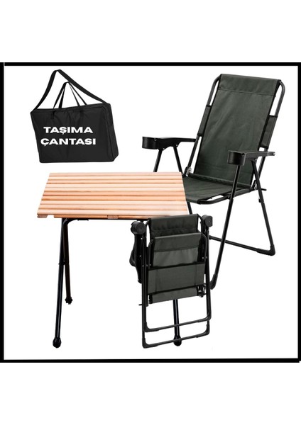 Haki Katlanır Kamp Sandalyesi ve Masa Seti, Taşıma Çantalı, 130 kg Kapasite