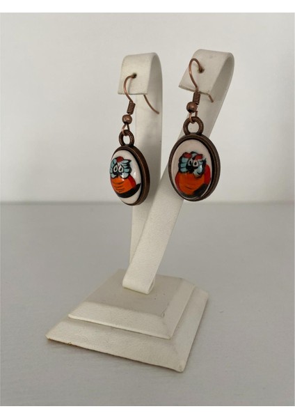 Iznik Çini Küpe Turuncu Baykuş Temalı Bakır Renk