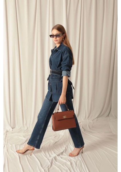 Denim Kumaş Cep Detay Kadın Lacivert Kot Ceket