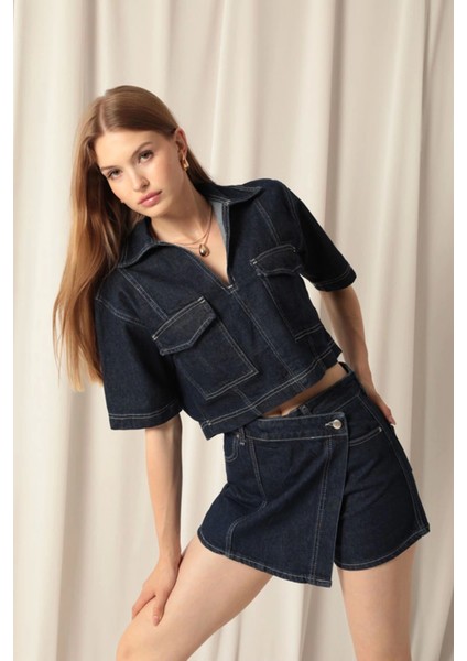Denim Kumaş Kısa Cepli Crop Kadın Lacivert Kot Ceket
