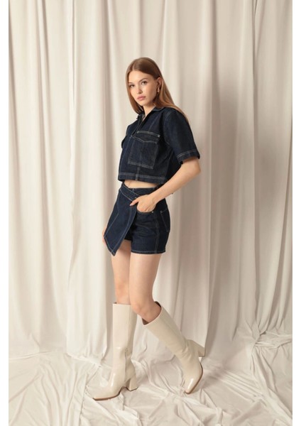 Denim Kumaş Kısa Cepli Crop Kadın Lacivert Kot Ceket