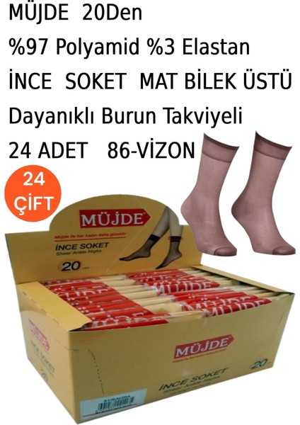 Ince Soket Bilek Üstü Mat Çorap 24'lü Paket 20 Den Bronz Siyah Sahra Ten Vizon