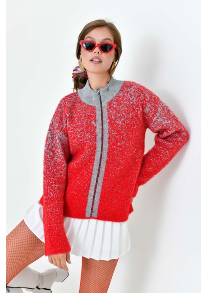 Kadın Fermuar Detaylı Hırka Kırmızı