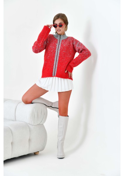 Kadın Fermuar Detaylı Hırka Kırmızı fiyatları