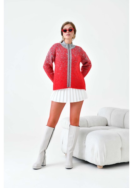 Kadın Fermuar Detaylı Hırka Kırmızı modelleri