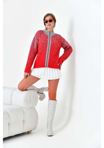 Kadın Fermuar Detaylı Hırka Kırmızı indirimleri