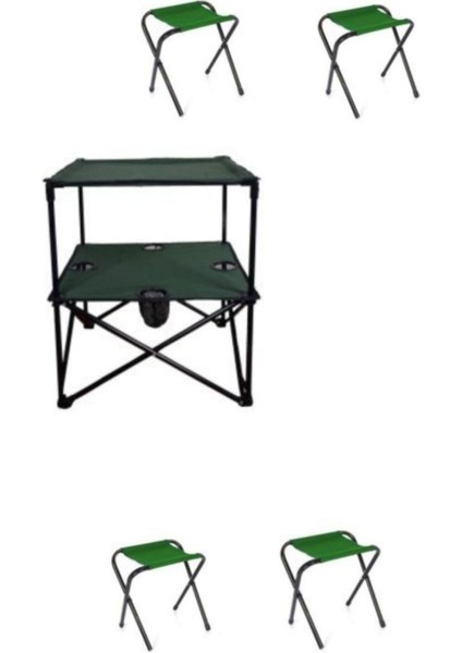 Yeşil Katlanır Masa ve 4 Kamp Taburesi Seti, Pratik ve Şık Outdoor Takımı