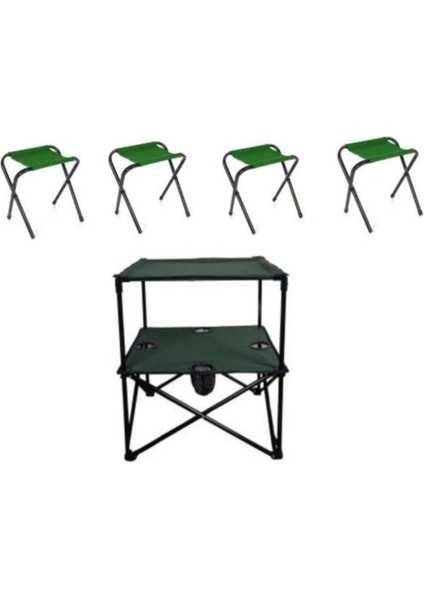 Yeşil Katlanır Masa ve 4 Kamp Taburesi Seti, Pratik ve Şık Outdoor Takımı modelleri