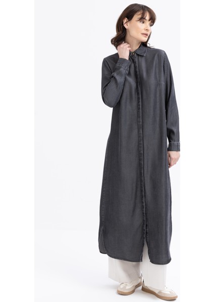 Gri-Denim Gizli Patlı Uzun Gömlek