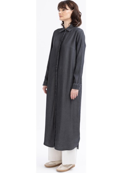 Gri-Denim Gizli Patlı Uzun Gömlek modelleri