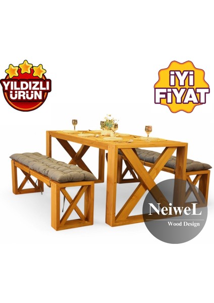 Velmar Doğal Ahşap Banklı Yemek Masası Takımı - 80CM-200CM
