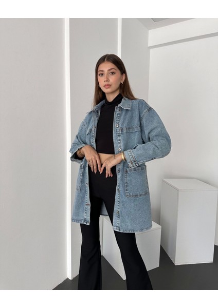 Düğmeli Çift Cep Oversize Denim Gömlek Ceket