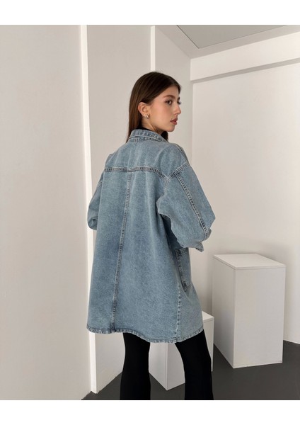 Düğmeli Çift Cep Oversize Denim Gömlek Ceket