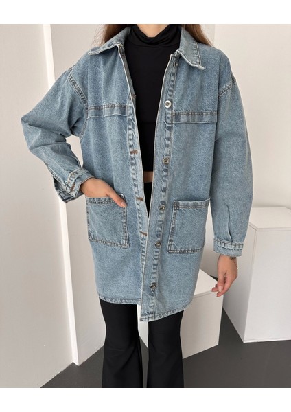 Düğmeli Çift Cep Oversize Denim Gömlek Ceket