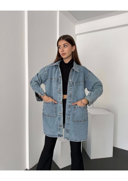 Düğmeli Çift Cep Oversize Denim Gömlek Ceket