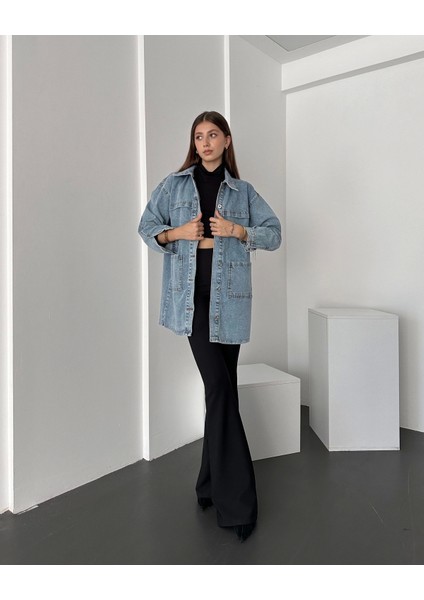 Düğmeli Çift Cep Oversize Denim Gömlek Ceket