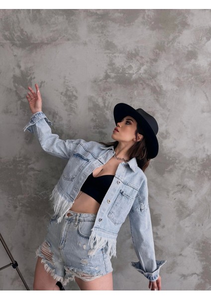 Saçak Detaylı Denim Ceket