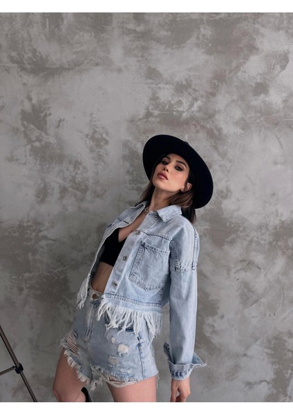 Saçak Detaylı Denim Ceket