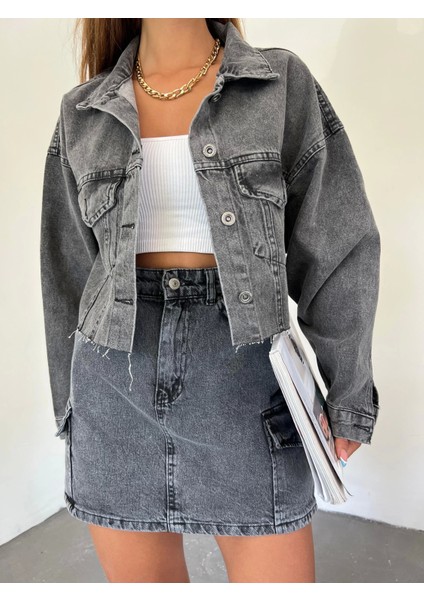 Çift Cepli Yıkamalı Crop Denim Ceket