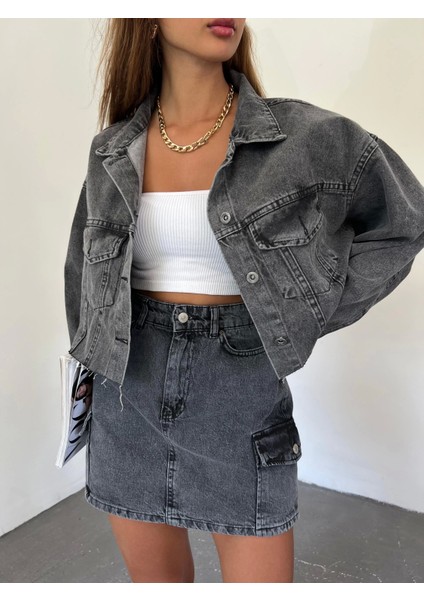 Çift Cepli Yıkamalı Crop Denim Ceket