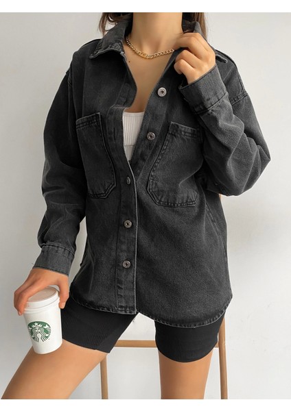 Çift Cepli Oversize Denim Gömlek Ceket