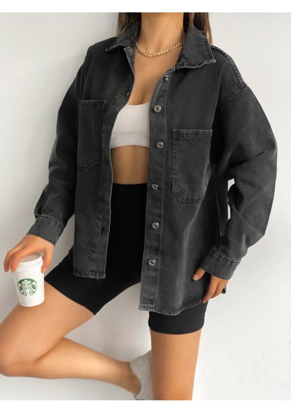 Çift Cepli Oversize Denim Gömlek Ceket
