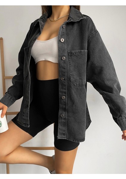 Çift Cepli Oversize Denim Gömlek Ceket