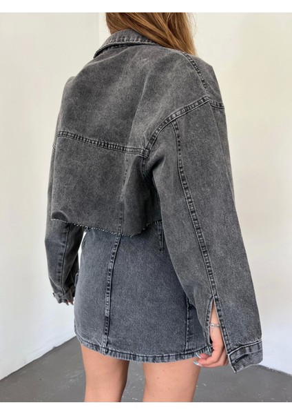 Çift Cepli Yıkamalı Crop Denim Ceket