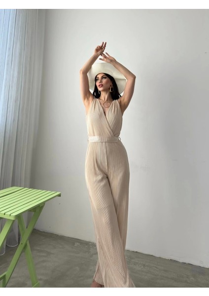 V Yaka Kuşaklı Krinkle Tulum