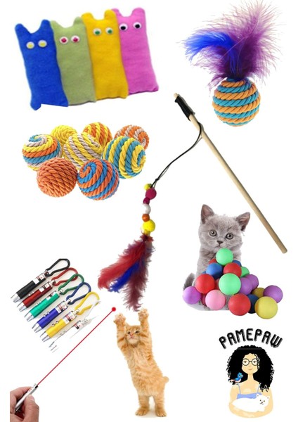 Renkli Kedi Oyuncak Seti: Peluş, Lazer, Top, Olta ve Tüylü Topler