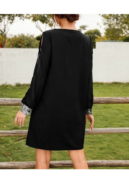 Kadın Siyah Uzun Kollu Kollar Tül Yırtmaçlı V Yakalı Kısa Krep Elbise