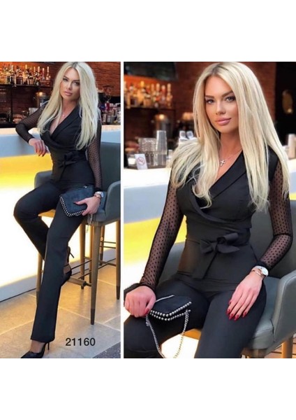 Krep Kumaş Kol Tül Puan Detaylı Kuşaklı Tulum 141 cm