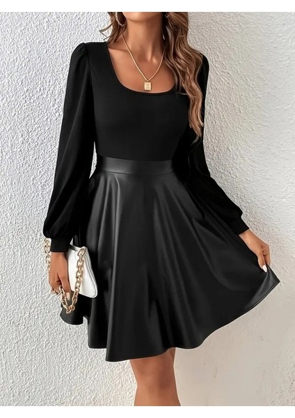 Kadın Uzun Kollu Üst Viskon Alt Kloş Deri Elbise fiyatları