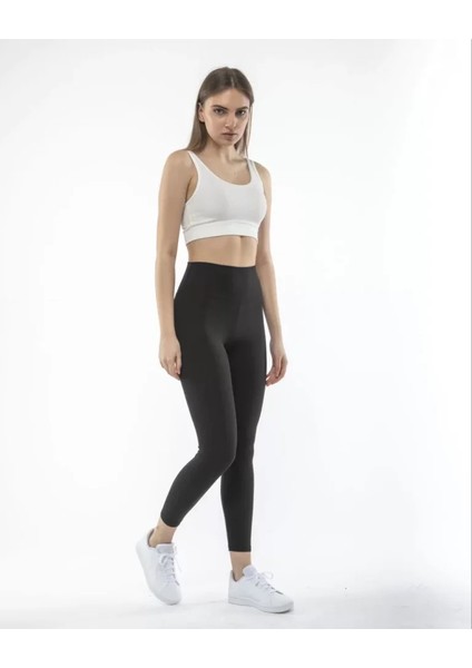 Yüksek Bel Sporcu Düz Tayt - Siyah indirimleri
