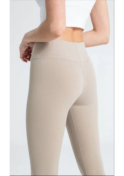 Yüksek Bel Fitilli Tayt - Bej fırsatları