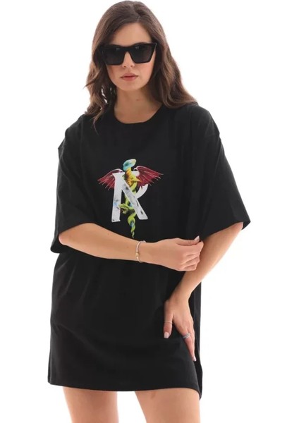 Unisex Bisiklet Yaka Baskılı Oversize T-Shirt - Siyah modelleri