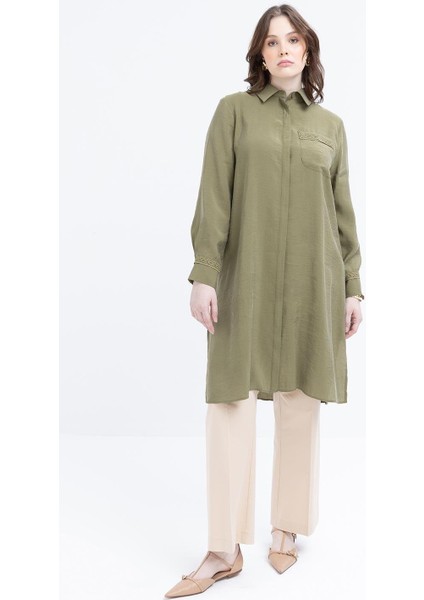 Haki-Şerit Dantel Detaylı Büyük Beden Modal Gömlek fiyatları