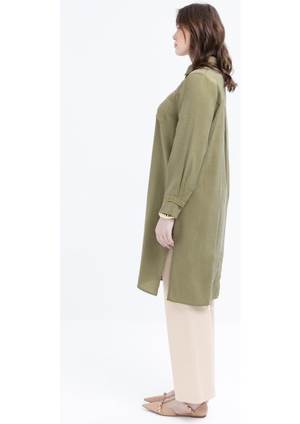 Haki-Şerit Dantel Detaylı Büyük Beden Modal Gömlek modelleri