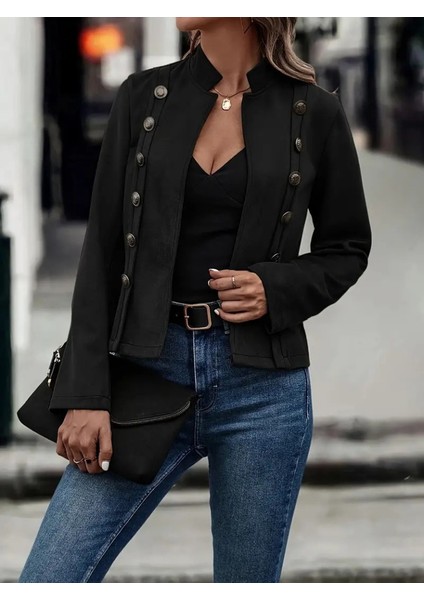 Kadın Uzun Kollu Hakim Yaka Yanlardan Düğmeli Kısa Süet Ceket fırsatları