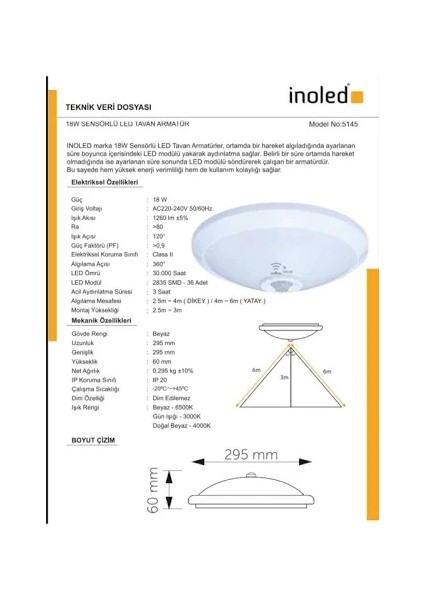 Inoled 18W Sensorlu LED Tavan Armatur Günışığı