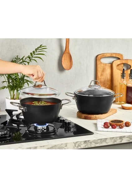 Dark Granit Derin Tencere Cam Kapaklı Yanmaz Yapışmaz Titanyum Kaplama - 24 cm fırsatları