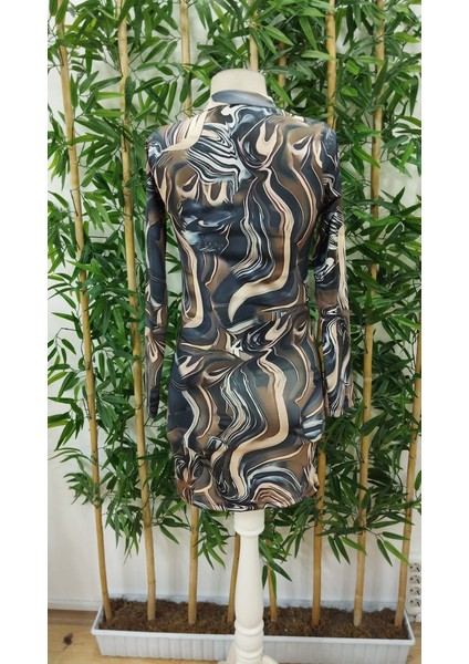 Kadın Uzun Kollu Balıkçı Yaka Desenli Dalgıç Elbise