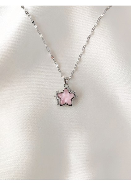 Kadın Paslanmaz Çelik Zirkon Taşlı Pembe Yıldız Kolye
