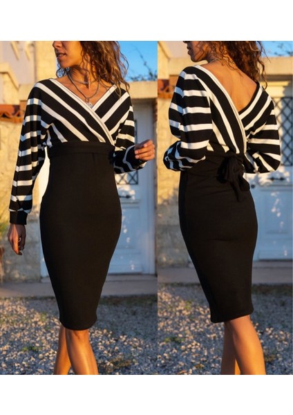 Uzun Kollu Kruvaze Yaka Çizgi Desenli Kısa Triko Elbise
