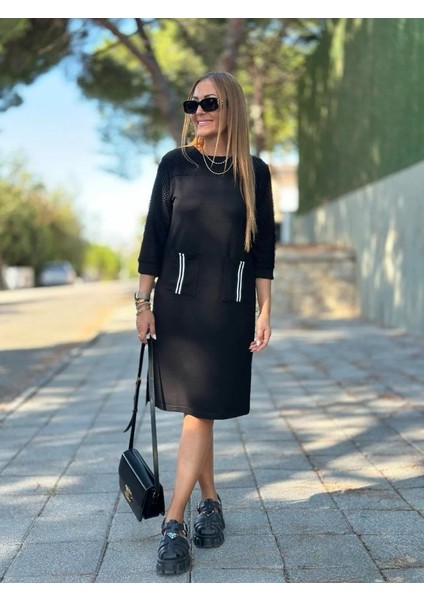 Kadın Viskon Pamuklu Kumaş Kol File , Şerit ve Cep Detaylı Elbise indirimleri