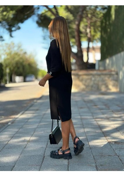 Kadın Viskon Pamuklu Kumaş Kol File , Şerit ve Cep Detaylı Elbise