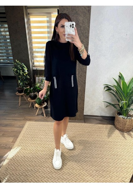 Kadın Viskon Pamuklu Kumaş Kol File , Şerit ve Cep Detaylı Elbise